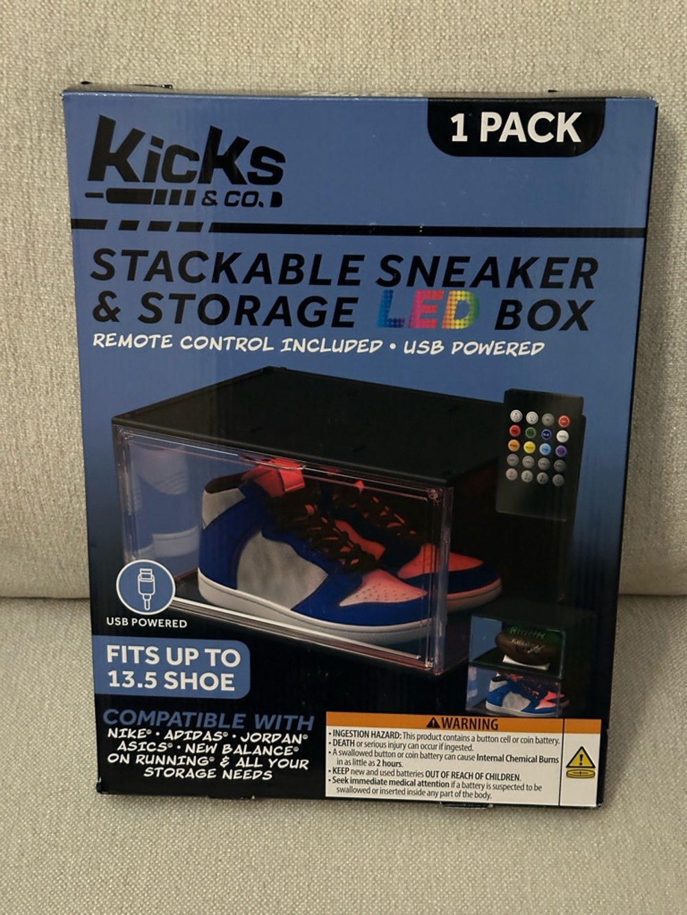 Kicks & Co. Stackable Sneaker RGB Led Display Case Magnetic Shoe Box US 13.5 USB